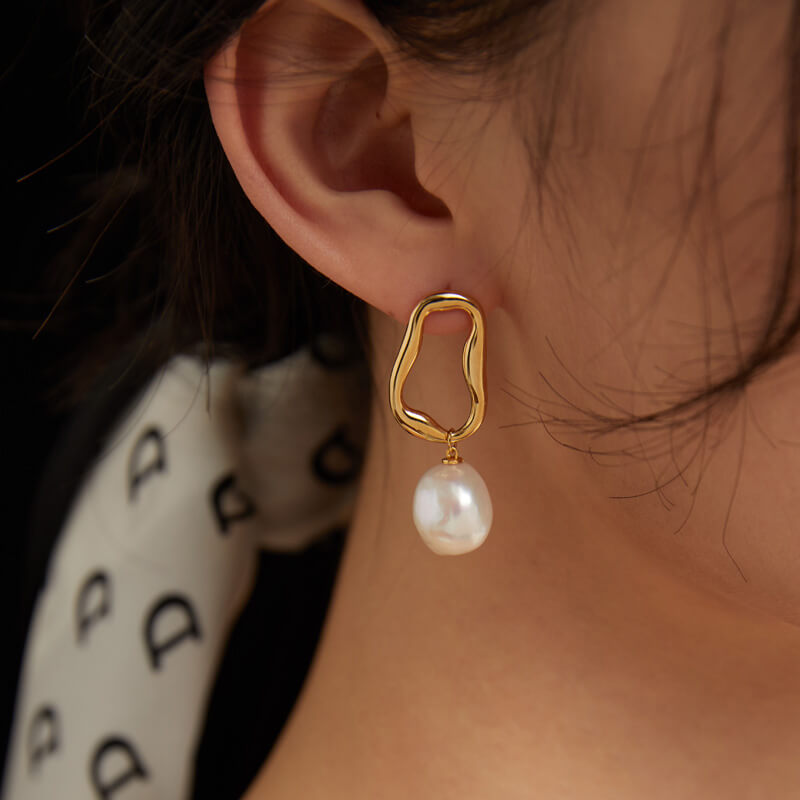 Lilyvot Jewelry Grace Irregular Hoop Drop Stud Earrings with Baroque Pearls_1
