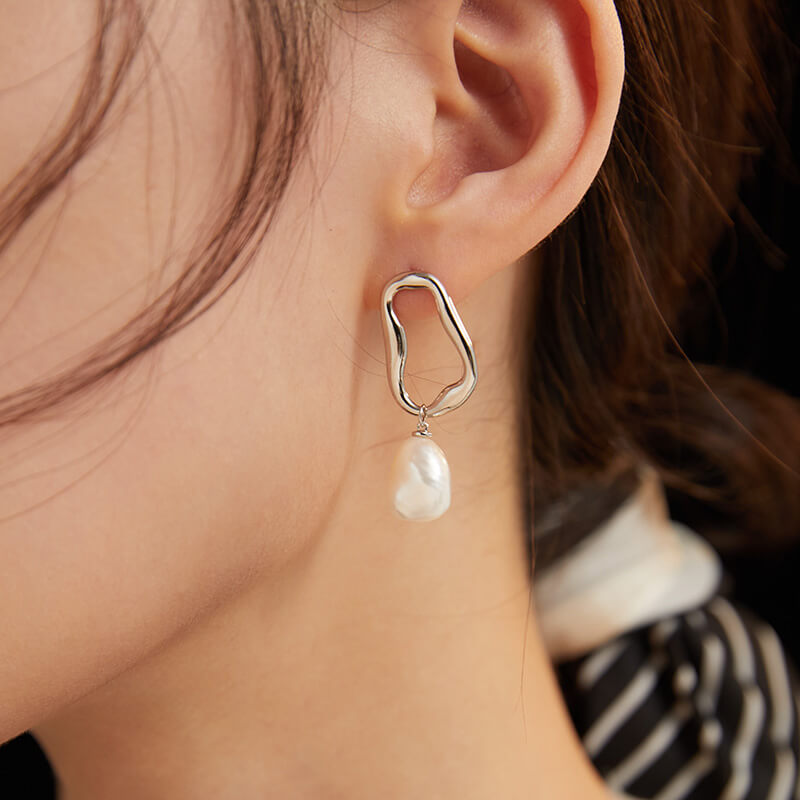 Lilyvot Jewelry Grace Irregular Hoop Drop Stud Earrings with Baroque Pearls_2