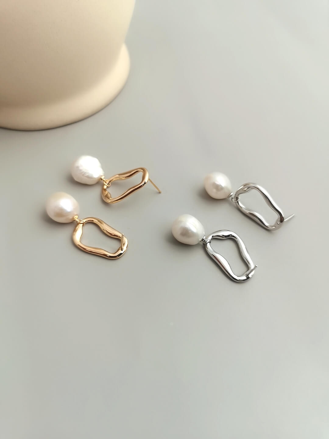 Lilyvot Jewelry Grace Irregular Hoop Drop Stud Earrings with Baroque Pearls_5