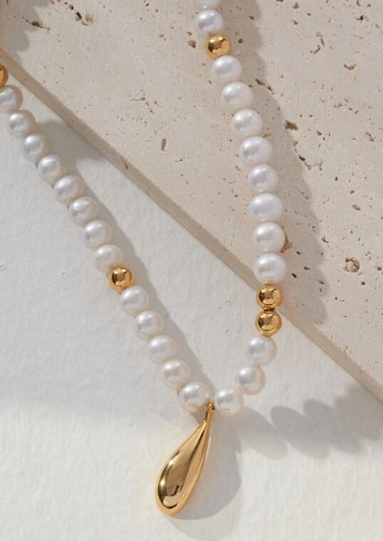 Lilyvot Jewelry Helen Dainty Raindrop Pearl Beaded Necklace_0